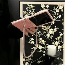 Ins Fashion Pink Bamboo Basket Woven Texture Phone Case With Rhinestone Chain Crossbody Strap Compatible With Samsung Galaxy ZFlip7 Z Flip6 ZFlip 5 Zflip6 Zflip5 Shockproof Back Cover - Pink - View 11