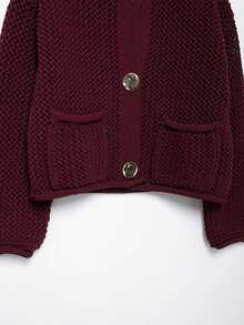 Women's Textured Open Knit Cardigan, Crew Neck Drop Shoulder Long Sleeve Gold Button Front Loose Casual Sweater Jacket Vacation Fall - Burgundy - View 6