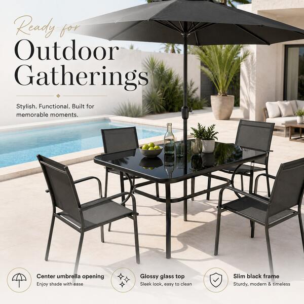 Tavolo rettangolare in vetro da esterno con foro per ombrellone, tavolo da pranzo casual per patio & terrazza con struttura nera