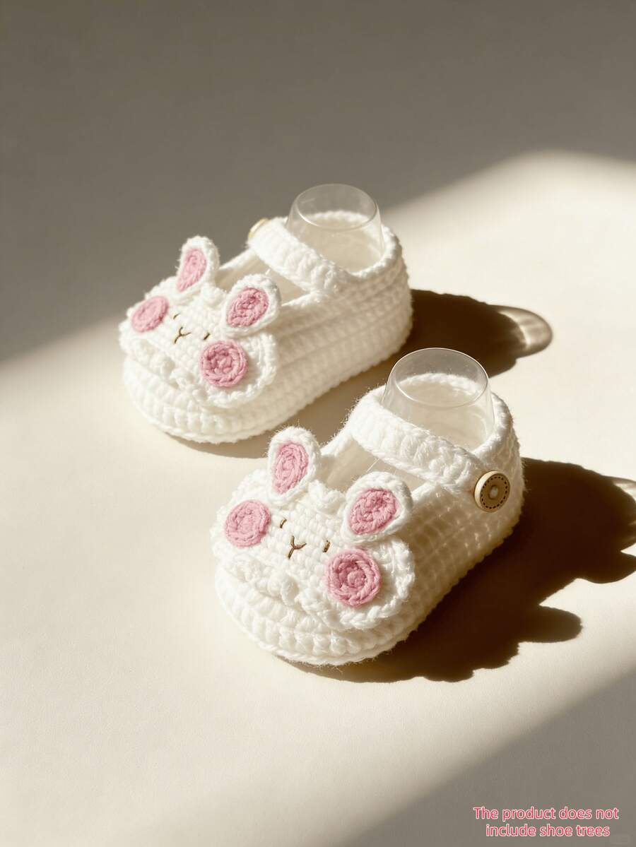 1 par de botas de ganchillo para bebé, diseño de conejo blanco con detalles en rosa, zapatos para bebé - Blanco - Ver 1