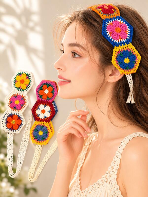 1pc Solid Color Crochet Flower Hair Band Women's Headband, Bohemian Solid Color Knitted Flower Hair Band, Women's Fashion Hair Tie, Soft Headband Hair Accessory, Fashionable Charming Floral Headband, Exquisite Elegant, Versatile Premium, Perfect For Daily Use, Outings, Romantic Dates And Women's Picnics, Gift For Girlfriend Summer Bandanas Beach Scarf