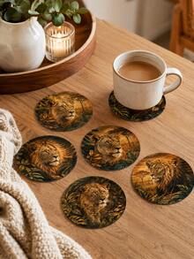1組6入野生動物圓形木製杯墊 10cm 逼真插畫印花（獅子/豹/虎/雪豹）耐熱隔熱墊 家用桌面裝飾 適用於廚房咖啡杯茶杯 叢林自然風 派對禮品布置 - 彩色 - 查看 5
