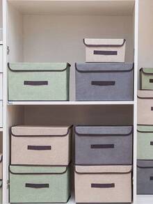 1pc Washable Linen Foldable CD Storage Box, Collapsible Storage Bin With Lid, Toy Organizer Basket, Laundry Basket - Khaki - View 4
