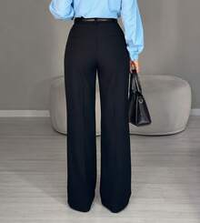 Women's Wide Leg Tailored Style Pantaloons With High Waist, Simple Zipper, Pocket, PP To GG, Office, Formal Night And Nighttime, Modern Winter, Premium Sensory Fabric - 黑色 - 查看 4