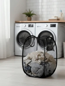 1pc Black And White Foldable Laundry Basket With Handles And Side Pockets, Large Capacity Pop-Up Laundry Cart Basket, Foldable Mesh Dirty Clothes Storage Basket With Handles, Please Check Size Label Before Purchase, Also Suitable For Bathrobe Storage, Valentine's Day Gift - Multicolor - View 11