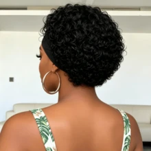 Natural Black Headband Wig Human Hair Curly Pixie Cut Wig None Lace Front Wear And Go Wigs For Daily Wear - Multicolor - View 4