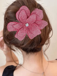 1pc Rhinestone Flower Spring Hair Clip, Suitable For Women's Daily Hairstyle Decoration - Pink - View 1