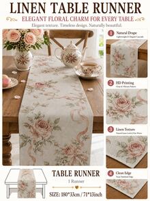 1pc Pink Rose Vintage Table Runner, French Country Floral & Bow Linen Tablecloth, Vintage Floral Dining Tablecloth, Suitable For Dining Room, Kitchen, Coffee Table, Tea Party - Multicolor - View 3