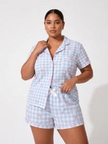 Plus Size Women's Blue & White Plaid Bow Print Short Sleeve Collared Top With Pocket And Bow Shorts Pajamas Loungewear Set - Blue and White - View 10