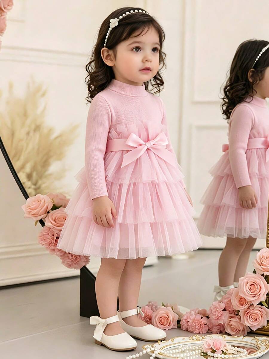 Baby Girls Ribbed Collar Mesh Hem Cake Dress With Belt, Cute Princess Style, Fashionable For Autumn - Pink - View 1