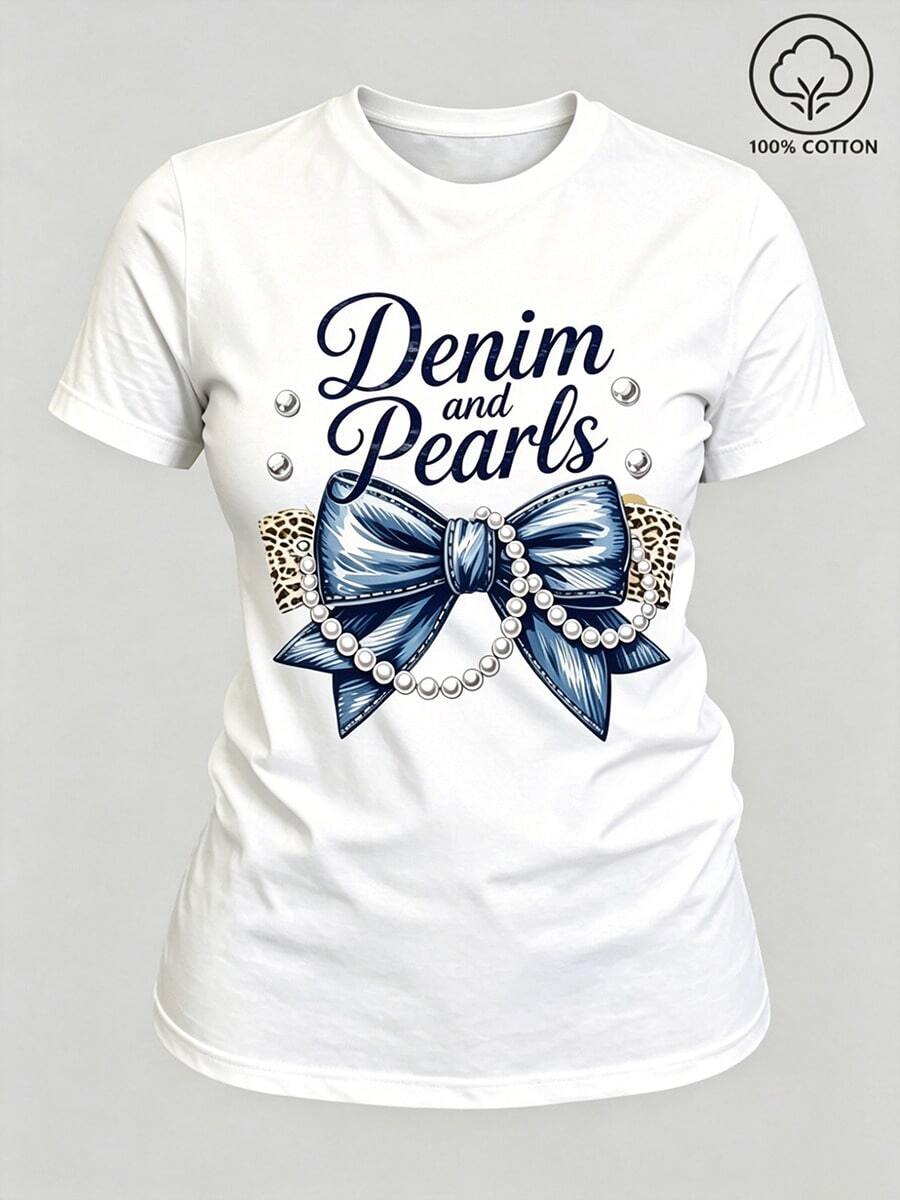 Women's T-Shirts Denim And Pearls With Bow, Plus Size Summer Beach Vacation, 2025 Outfit For Stylish Women T-Shirt With Denim And Pearls Coquette Bow Design . - 白色 - 查看 1