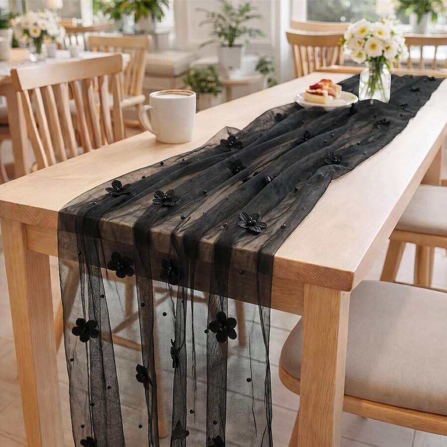 Pearl Table Runner 10ft,Table Cloth Tulle Table Cover,Pearl Table Runner For Wedding Party Baby Shower Birthday Home Decor - Black Flowers - View 1