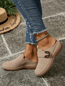 Ladies New Hook-And-Loop Metal Button Flower Pattern Hollow Design Fashionable And Casual Daily Comfortable Light Breathable Vacation Travel Wedge Hee - Grey - View 2