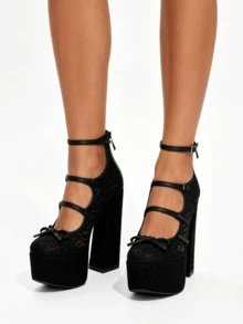 Women's Lace Platform Pumps Chunky Heels Round Toe Ankle Strap Mary Jane Gothic Shoes With Adjustable Buckles Party Dress Pumps - Black - View 6