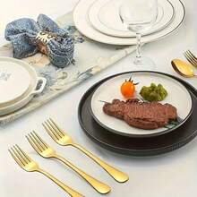 1套金色叉子與湯匙餐具組，皇家甜點套裝。燕麥匙、咖啡匙、優格匙、沙拉叉，高品質，適用於重大活動、派對、婚禮、生日、晚餐以及新家/廚房/廚房/廚房/餐廳/餐廳/咖啡店/派對，高品質，適用於派對、戶外活動、家庭聚會、婚禮、節日慶祝、蛋糕與沙拉場合。 - A - 查看 10