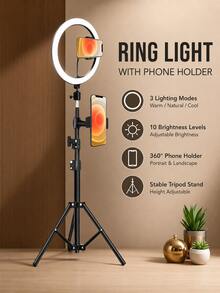 10 Inch LED Ring Light, 110cm/43 Inch Adjustable Tripod And Phone Holder - Dimmable, Multi-Fixture Suitable For Selfie, Live Streaming, Makeup, Photography, USB Powered, No Battery Required, Indoor Use, Photography Lighting | Ring Light With Phone Holder | Stylish Metal Tripod - Multicolor - View 1