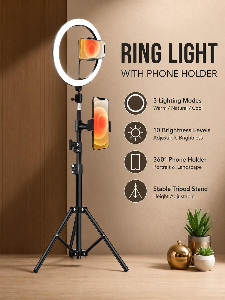 10 Inch LED Ring Light, 110cm/43 Inch Adjustable Tripod And Phone Holder - Dimmable, Multi-Fixture Suitable For Selfie, Live Streaming, Makeup, Photography, USB Powered, No Battery Required, Indoor Use, Photography Lighting | Ring Light With Phone Holder | Stylish Metal Tripod - Multicolor - View 1