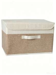 1pc Washable Linen Foldable CD Storage Box, Collapsible Storage Bin With Lid, Toy Organizer Basket, Laundry Basket - Khaki - View 1
