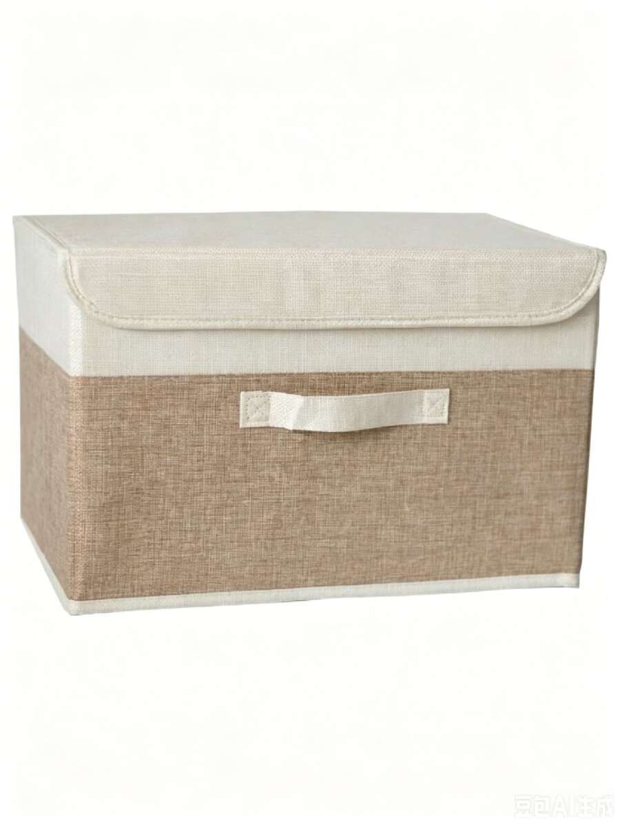 1pc Washable Linen Foldable CD Storage Box, Collapsible Storage Bin With Lid, Toy Organizer Basket, Laundry Basket - Khaki - View 1