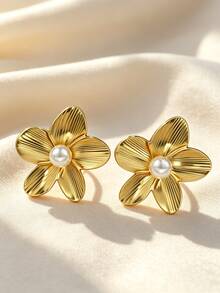 4 Paar Blumen-Ohrring-Set, große Perlen-Ohrstecker, Dreieck-Anhänger-Ohrringe, goldene Emaille-Weiße-Blumen-Ohrringe, eleganter Blumenschmuck mit Blütenblatt-Struktur, Vintage-Ohrringe, geeignet für tägliches Pendeln, Partys, Hochzeiten, verschiedene Anlässe - Verschiedenfarbig - View 2