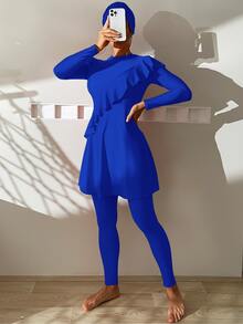 Solid Royal Blue Burkini Set, With Ruffle Details, Leggings And Headscarf, 3-Piece, Women's Modest Swimwear, Suitable For Summer Beach - Blue - View 5
