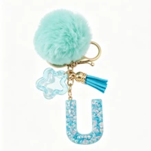 Llavero de letra A-Z con pompones rosa pastel, colgante de bolso y anillo de llaves elegante, accesorio festivo para bolso, regalo imprescindible para el Día de San Valentín/Cumpleaños/Año Nuevo - Turquesa - Ver 15