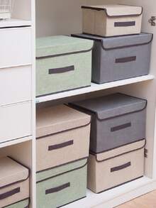 1pc Washable Linen Foldable CD Storage Box, Collapsible Storage Bin With Lid, Toy Organizer Basket, Laundry Basket - Khaki - View 3