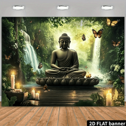 2D platt bakgrundstyg med Buddha-staty i meditation, omgiven av gröna växter och flygande fjärilar, med strålande träd och vattenfall i bakgrunden, skapar en fridfull och harmonisk atmosfär, lämplig för inomhus- och kontorsdekoration.