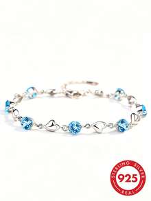 925 Sterling Silver Cubic Zirconia Heart Bracelet, Suitable For Daily Wear And Gift Giving - Blue - View 1