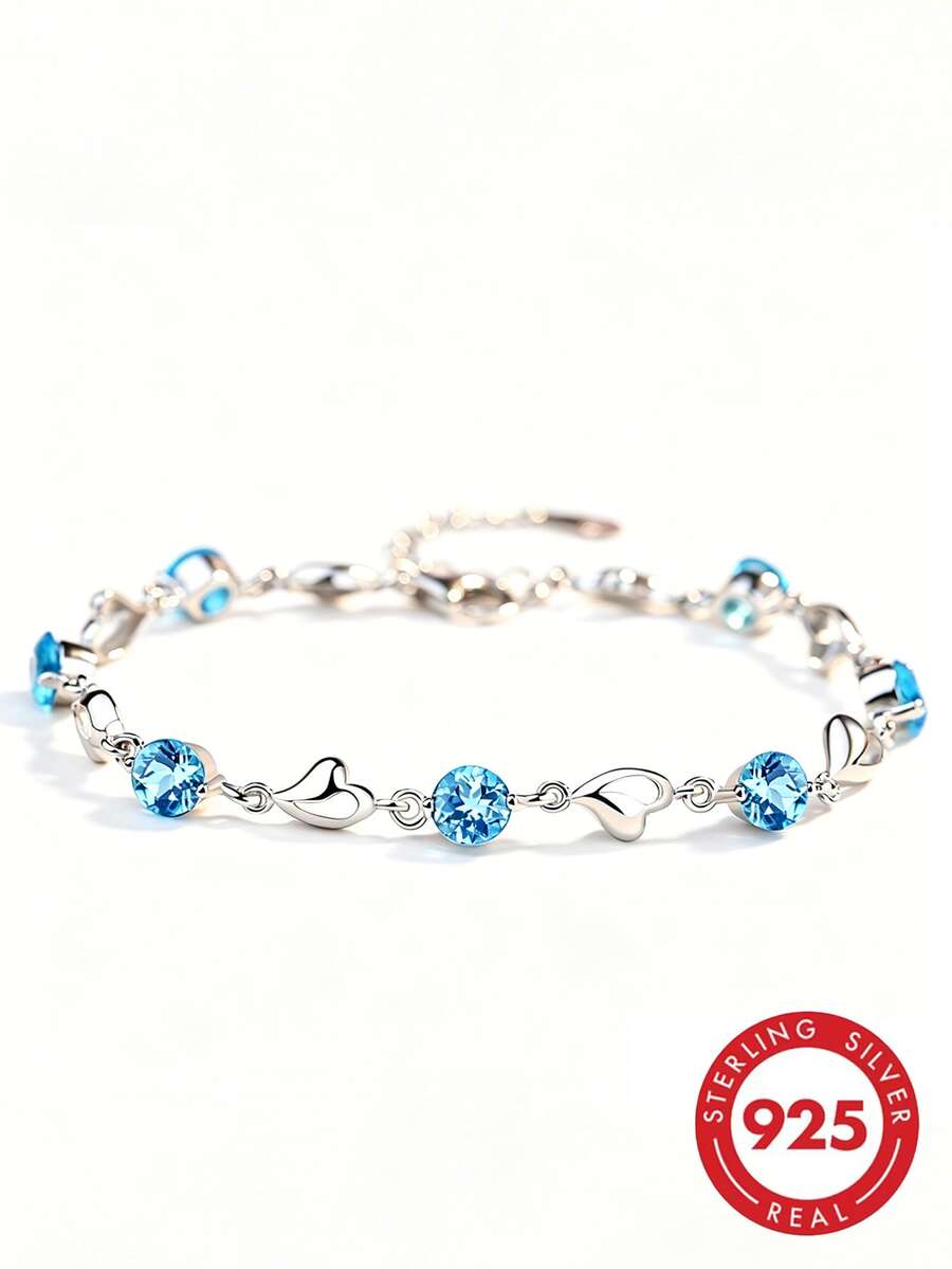 925 Sterling Silver Cubic Zirconia Heart Bracelet, Suitable For Daily Wear And Gift Giving - Blue - View 1