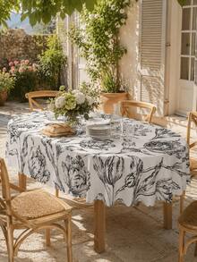 Taplak Meja Tulip, Taplak Meja Bundar Poliester Motif Bunga Hitam Putih Elegan dengan Tepi Bergelombang, Linen Botanikal Vintage untuk Dapur, Ruang Makan, Rumah Pertanian, Teras, Pernikahan, dan Dekorasi Rumah - MultiWarna - View 3