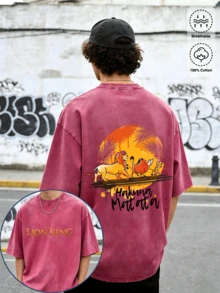 Disney IP Collaboration Cars Lightning McQueen Print Men's T-Shirt With Crew Neck And Short Sleeves, Relaxed Fit! Summer Clothing For Men, Cotton T-Shirt With Graphic Print, Suitable For Everyday Wear, Leisure And Sports. - 玫紅色 - 查看 2