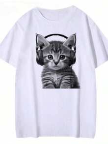 Gato con auriculares que transmite energía juvenil y pasión por la música moderna camiseta de hombre casual cómoda para diario - Blanco - Ver 8