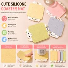 1 Set Cute Cartoon Heat-Resistant PVC Coaster Placemat, Kawaii Animal Square Non-Slip Heat-Insulating Silicone Bowl Mat, Heat-Resistant Tabletop Decorative Mat, Hanging Storage, Waterproof Tabletop Protection Easy To Clean, Suitable For Dining Table, Coffee Bar And Kitchen Living Room, Daily Home Use - Multicolor - View 1