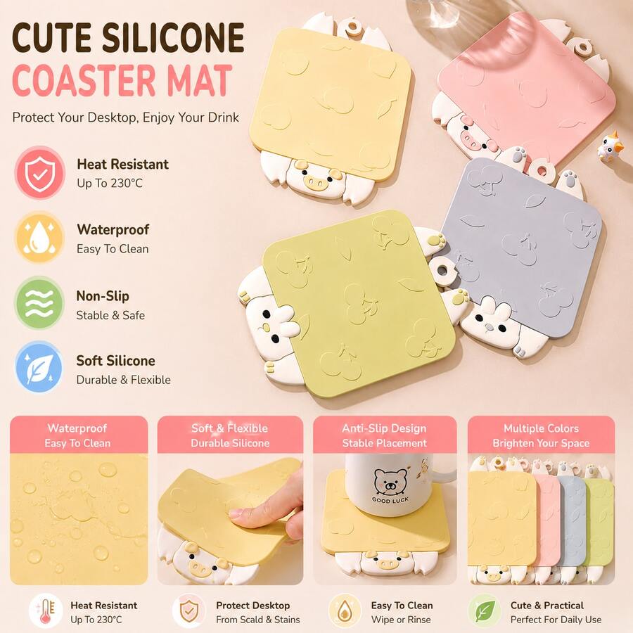 1 Set Cute Cartoon Heat-Resistant PVC Coaster Placemat, Kawaii Animal Square Non-Slip Heat-Insulating Silicone Bowl Mat, Heat-Resistant Tabletop Decorative Mat, Hanging Storage, Waterproof Tabletop Protection Easy To Clean, Suitable For Dining Table, Coffee Bar And Kitchen Living Room, Daily Home Use - Multicolor - View 1