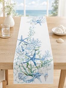 1 Stück Meeres-Thema Aquarell Tischläufer, Meereslebewesen Seestern Muschel Tischdecke Abdeckung, Nautisches Blau Esstischdecke, geeignet für Esszimmer, Küche, Couchtisch, Heimdekoration - Verschiedenfarbig - Übersicht 12