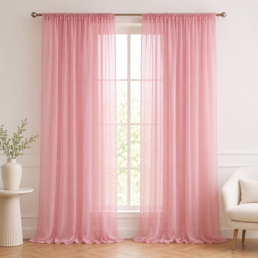 2pcs Light Pink Diamond Chiffon Curtains, Grommet Top Sheer Panels, Soft Light Transparent Drapery, Suitable For Bedroom Living Room Home Decor - Baby Pink - View 1