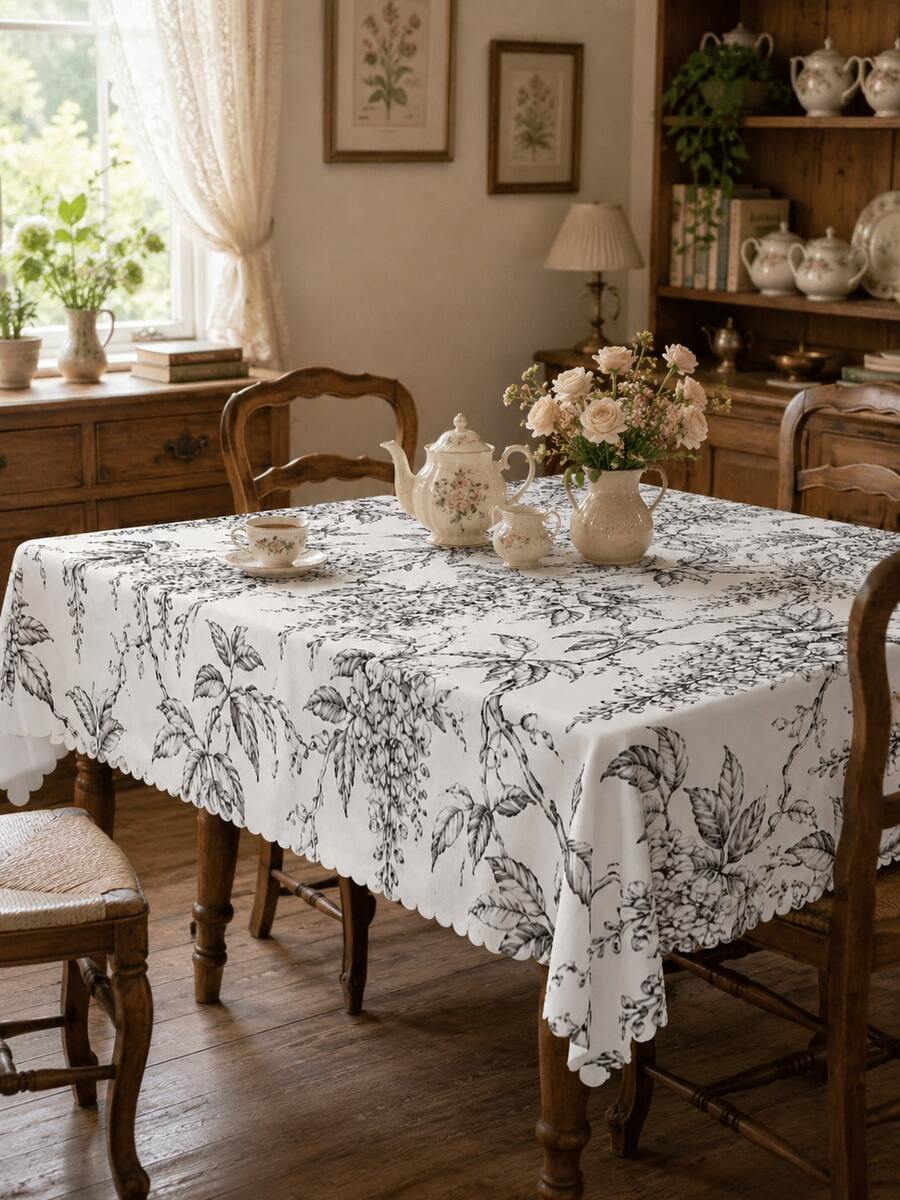 Wisteria 桌巾,優雅黑白花卉印花聚酯纖維圓形桌巾,帶波浪邊緣,復古植物風格亞麻桌巾,適用於廚房、餐廳、農舍、露台、婚禮和家居裝飾 - 彩色 - 查看 1