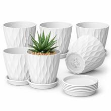 5er Set 15 cm Weiße Kunststoff Blumentöpfe mit Untersetzern und Abflusslöchern, 3D Wellenstruktur Übertöpfe für Sukkulenten, Kräuter, Efeutute, Fensterbank, Balkon, Büro und klare Home Garden Deko - 5 Stück, 10 cm Durchmesser - Übersicht 7