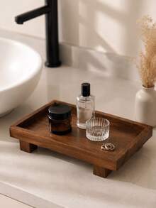 1pc Wooden Perfume Tray, Decorative Tray, High-Leg Wooden Storage Rack, Wooden Tray-Style Storage Rack - Multi-Functional Display Stand, Suitable For Storing Cosmetics, Rings, Perfume, Jewelry, Vanity, Bedroom, Multi-Functional Storage Space - Coffee Brown - View 8