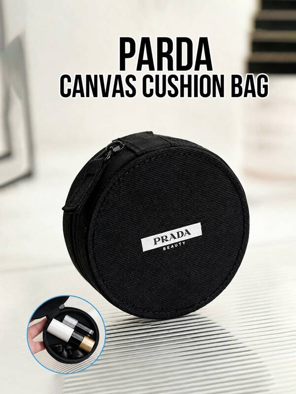 Bolsa de maquillaje redonda de lona negra Prada, diámetro de 8,4 cm, tela duradera, diseño ligero, puede almacenar artículos pequeños, adecuada para viajes, uso personal y regalos