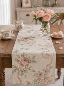 1pc Pink Rose Vintage Table Runner, French Country Floral & Bow Linen Tablecloth, Vintage Floral Dining Tablecloth, Suitable For Dining Room, Kitchen, Coffee Table, Tea Party - Multicolor - View 7
