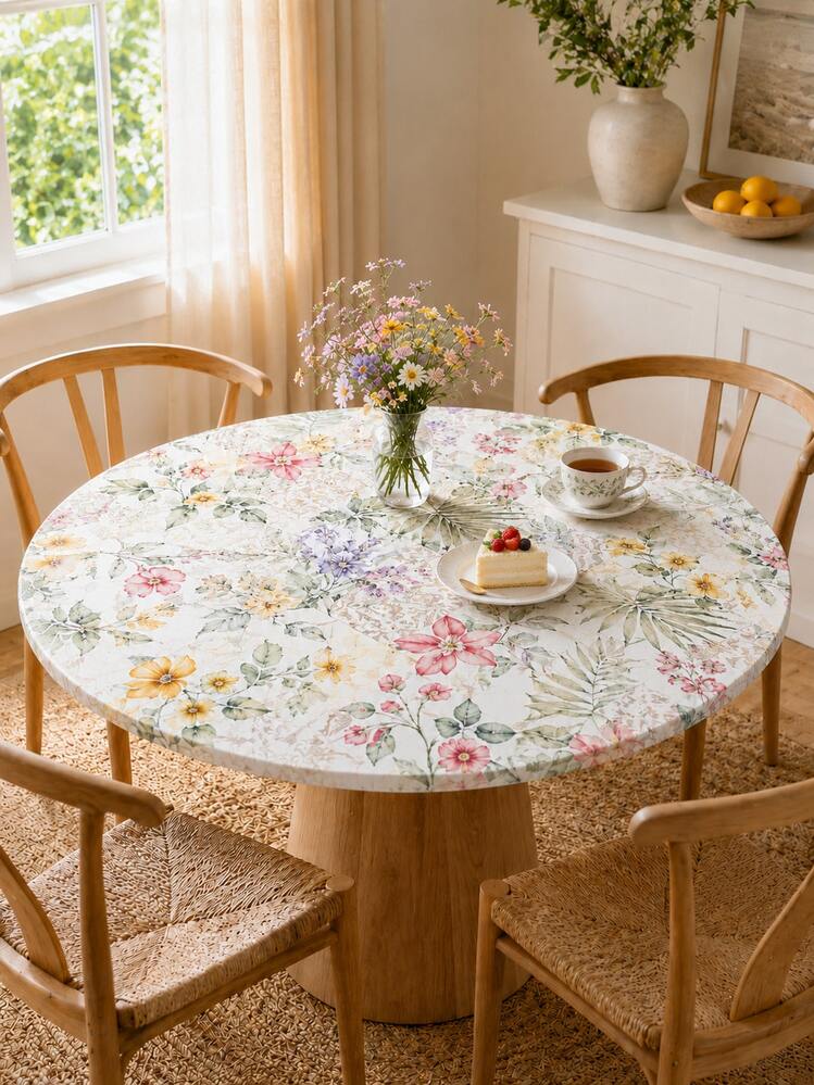 1pc Soft Pastel Watercolor Flower Print Elastic Round Table Cover - Floral Tablecloth For Dining, Home Decor, Room Decor, Garden, Wedding, Bridal Shower & Garden Tea Party - E - View 5