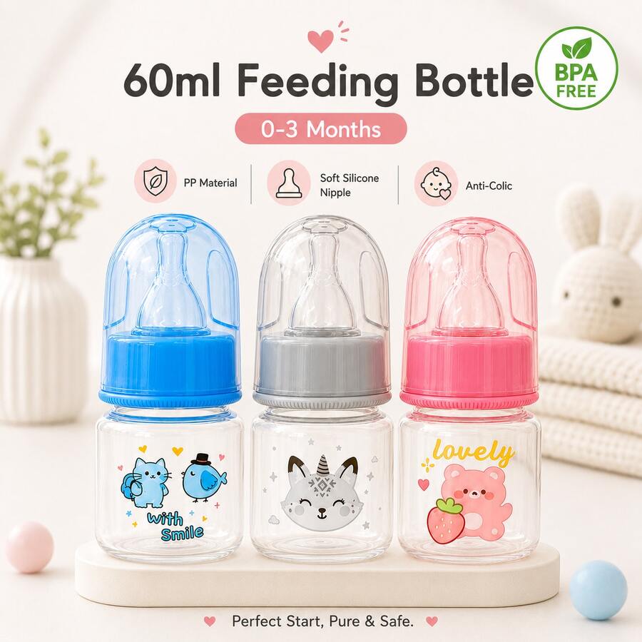 1 buah Botol Bayi PP Bergambar Lucu 60ml, Anti Bocor dan Tahan Jatuh, Botol Leher Standar, Hadiah untuk Bayi Baru Lahir - MultiWarna - View 1