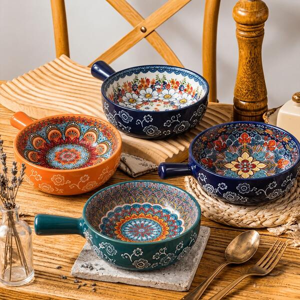 NTKOW 4pcs Bohemian Underglaze Ceramic Bowl Set, 9-Inch Handle Bowl, Stylish Home Tableware, Microwave Friendly, Ideal For Noodles, Soup And Hot Food