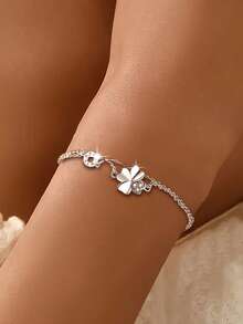 1pc S925 Sterling Silver Romantic Lucky Four-Leaf Clover Double Layer Bracelet, Minimalist Classic Design, Fresh Gentle Elegant High-End Versatile Women's Jewelry, Suitable For Daily Wear Exquisite Fashion Accessory, Perfect Gift - Four-leaf Clover - View 7