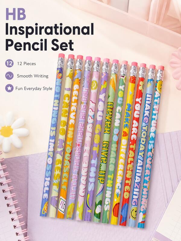 12pcs/Set Inspirational HB Wooden Pencils With Eraser, Colorful Cartoon Printed Motivational Writing Pencils, Children Student Stationery Gift