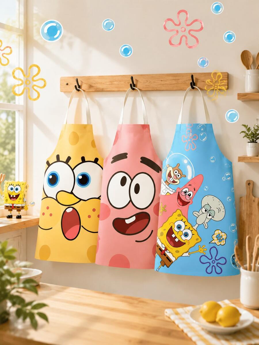 SpongeBob SquarePants 1件卡通圍裙,適用於廚房使用,廚房配件,返校繪畫與手工藝項目,必備廚房裝飾禮物 - 彩色 - 查看 1