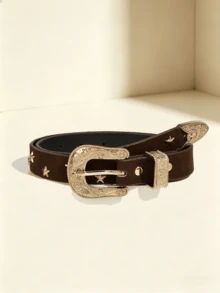 1pc Casual Vintage Style Floral Carved Metal Brown PU Women's Belt, Suitable For Jeans, Casual Pants, Daily Wear, Fashion Style, Outdoor Activities, Western Gatherings, Valentine's Day, Halloween, Music Festivals, Women, Mothers, Gifts, Birthdays, Vintage, Travel, All Season Outfits, Vacation - Star-shaped Coffee-colored Suede - View 7