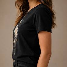 Women's Round Neck T-Shirt With White Dahlia Floral Print, Short Sleeve T-Shirt, Comfortable Casual Blouse For Office, Walk And Everyday Wear - 黑色 - 查看 2